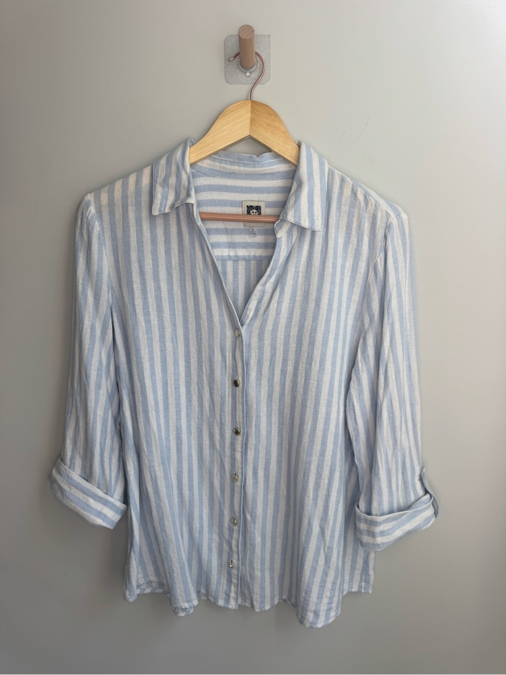 Anne Klein Light Blue and White Striped Button-Down Blouse #lion #lioness